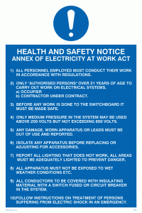 MP308: h&s notice annex of electricity at work act