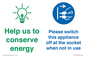 CC10746: Help us to conserve energy - Switch this appliance off at the socket when not in use