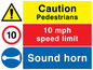 CV5418: Caution Pedestrians & Sound horn combination sign