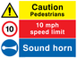 CV5418: Caution Pedestrians & Sound horn combination sign