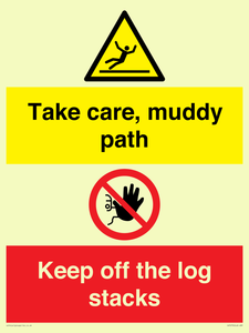 CV7273: Take care, muddy path Keep off the logs stacks