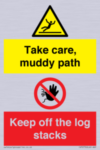 CV7273: Take care, muddy path Keep off the logs stacks