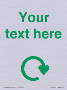 IJ14782: Custom Sign with Green Recycling Swoosh symbol