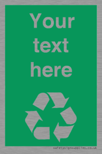 IJ14788: Custom Recycling Sign on green with white text and  recycling mobius loop