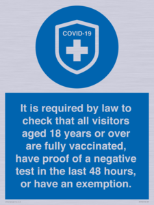 MH7762: It is required by law to check that all visitors aged 18 years or over are fully vaccinated, have proof of a negative test in the last 48 hours, or have an exemption.