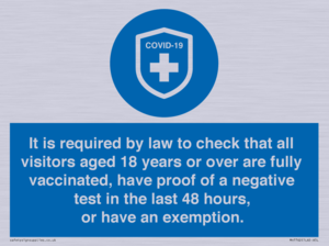 MH7762: It is required by law to check that all visitors aged 18 years or over are fully vaccinated, have proof of a negative test in the last 48 hours, or have an exemption.