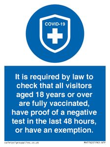 MH7762: It is required by law to check that all visitors aged 18 years or over are fully vaccinated, have proof of a negative test in the last 48 hours, or have an exemption.