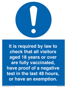 MH7763: It is required by law to check that all visitors aged 18 years or over are fully vaccinated, have proof of a negative test in the last 48 hours, or have an exemption.