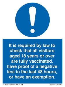MH7763: It is required by law to check that all visitors aged 18 years or over are fully vaccinated, have proof of a negative test in the last 48 hours, or have an exemption.