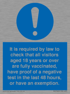 MH7763: It is required by law to check that all visitors aged 18 years or over are fully vaccinated, have proof of a negative test in the last 48 hours, or have an exemption.