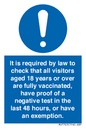 MH7763: It is required by law to check that all visitors aged 18 years or over are fully vaccinated, have proof of a negative test in the last 48 hours, or have an exemption.