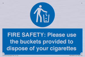 MV10334: FIRE SAFETY: Please use the buckets provided to dispose of your cigarettes
