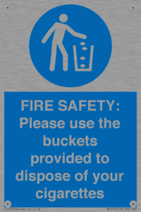 MV10334: FIRE SAFETY: Please use the buckets provided to dispose of your cigarettes