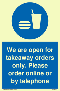 MV6012: We are open for takeaway orders only. Please order online or by telephone