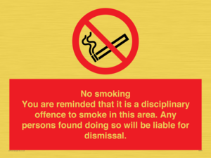 PS7371: No smoking you are reminded that it is a disciplinary offence to smoke in this area. Any persons found doing so will be liable for dismissal.