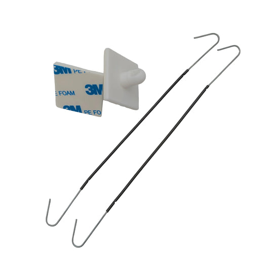 budget sign hanging kit with 2 extendable wires and self-adhesive button fixings