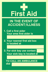 SX465: first aid in the event of accident/illness poster