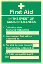 SX465: first aid in the event of accident/illness poster