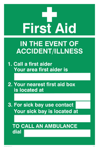 SX465: first aid in the event of accident/illness poster