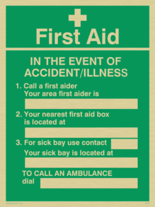 SX465: first aid in the event of accident/illness poster