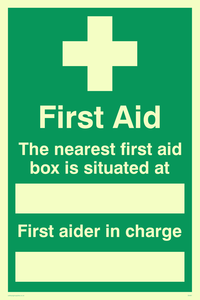 SX467: first aid the nearest first aid box is situated at (space) first aider in charge (space)