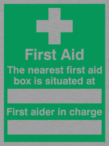 SX467: first aid the nearest first aid box is situated at (space) first aider in charge (space)