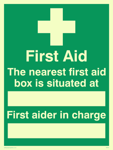 SX467: first aid the nearest first aid box is situated at (space) first aider in charge (space)