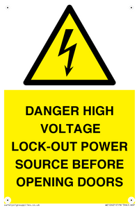 WE12621: DANGER HIGH VOLTAGE LOCK-OUT POWER SOURCE BEFORE OPENING DOORS