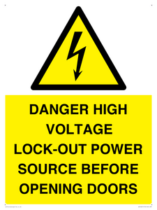 WE12621: DANGER HIGH VOLTAGE LOCK-OUT POWER SOURCE BEFORE OPENING DOORS