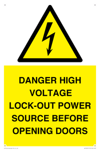 WE12621: DANGER HIGH VOLTAGE LOCK-OUT POWER SOURCE BEFORE OPENING DOORS