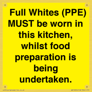 WV10254:  Full Whites (PPE) MUST be worn in this kitchen, whilst food preparation is being undertaken.