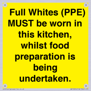 WV10254:  Full Whites (PPE) MUST be worn in this kitchen, whilst food preparation is being undertaken.