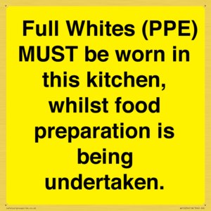 WV10254:  Full Whites (PPE) MUST be worn in this kitchen, whilst food preparation is being undertaken.