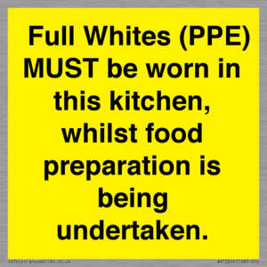 WV10254:  Full Whites (PPE) MUST be worn in this kitchen, whilst food preparation is being undertaken.