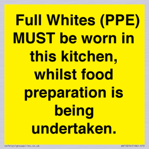 WV10254:  Full Whites (PPE) MUST be worn in this kitchen, whilst food preparation is being undertaken.