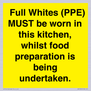WV10254:  Full Whites (PPE) MUST be worn in this kitchen, whilst food preparation is being undertaken.