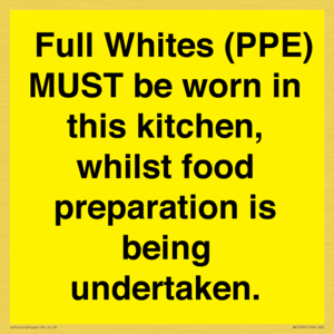 WV10254:  Full Whites (PPE) MUST be worn in this kitchen, whilst food preparation is being undertaken.