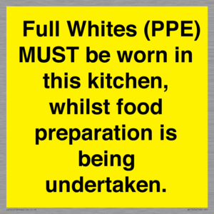 WV10254:  Full Whites (PPE) MUST be worn in this kitchen, whilst food preparation is being undertaken.