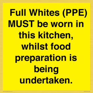WV10254:  Full Whites (PPE) MUST be worn in this kitchen, whilst food preparation is being undertaken.