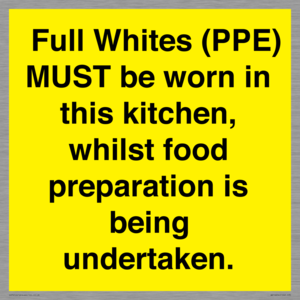 WV10254:  Full Whites (PPE) MUST be worn in this kitchen, whilst food preparation is being undertaken.