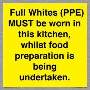 WV10254:  Full Whites (PPE) MUST be worn in this kitchen, whilst food preparation is being undertaken.