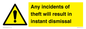 WV12331: Any incidents of theft will result in instant dismissal sign