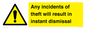 WV12331: Any incidents of theft will result in instant dismissal sign